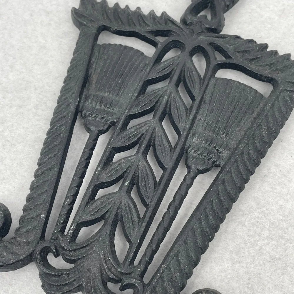 Vintage Cast Iron Trivet Double Broom Wheat Design Black Made in Japan Decor